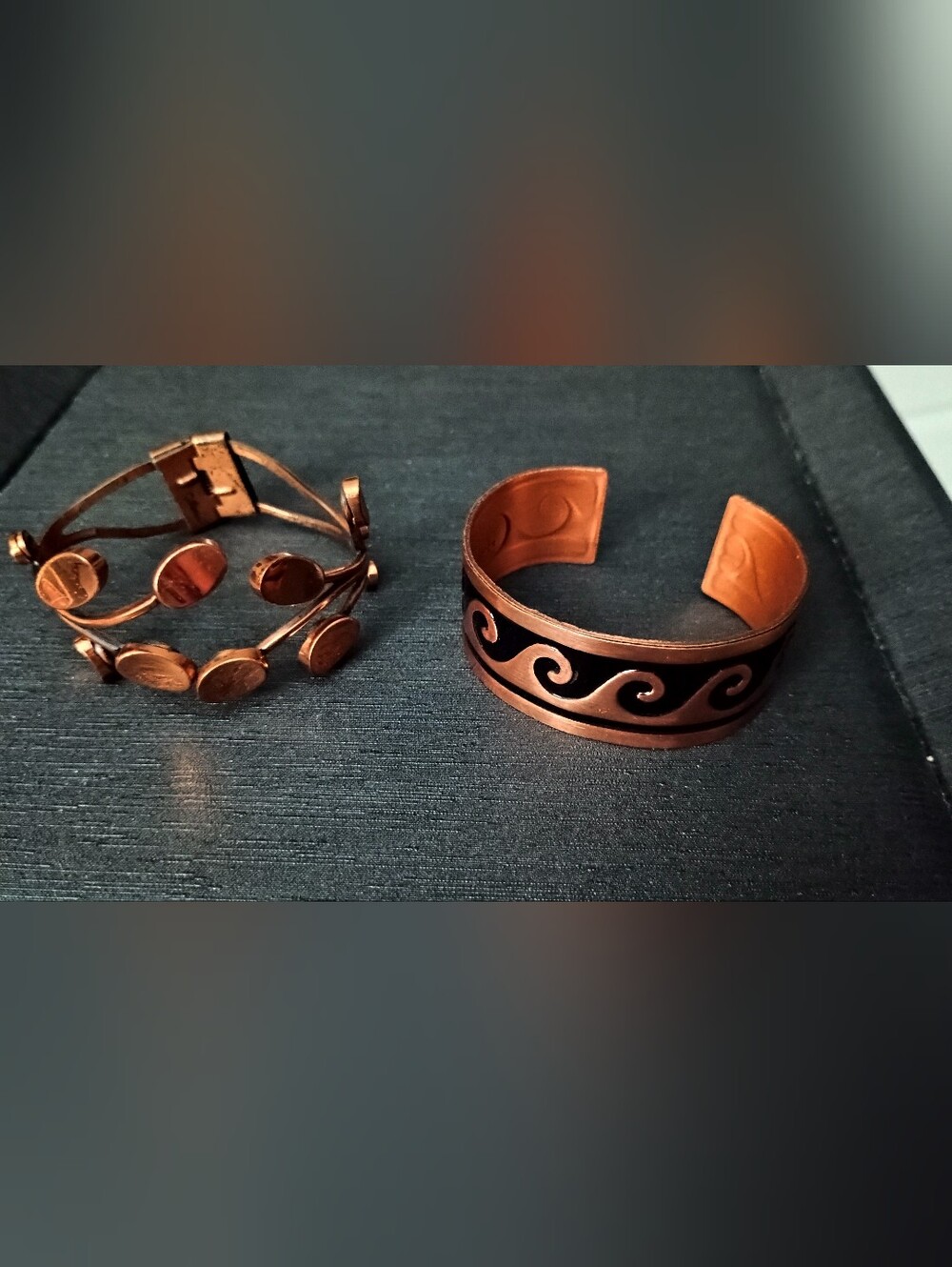 Vintage Copper Signed Cuff Bracelets with Black Wave Inlay